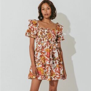 Cleobella Floral Smocked Square-Neck Mini Dress in Rust & Mustard